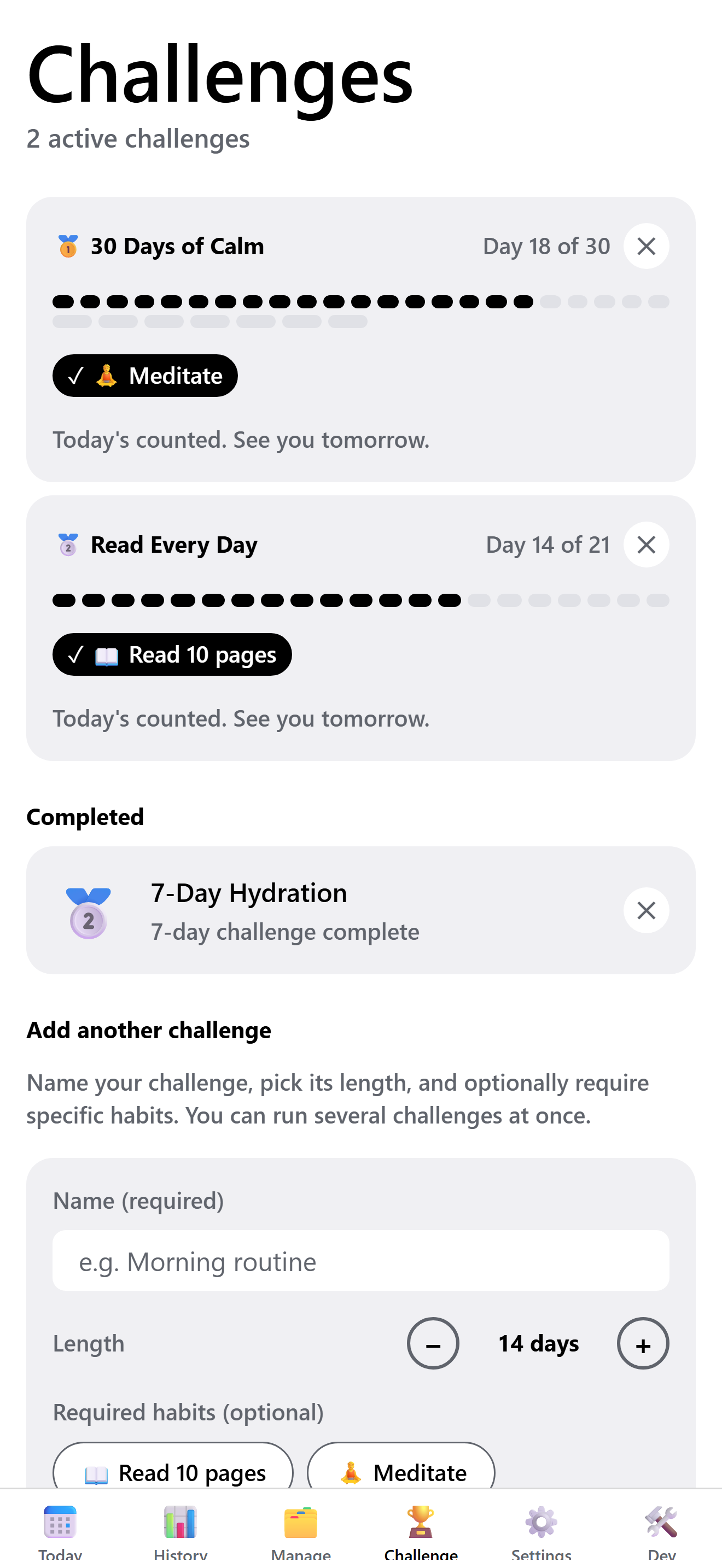 Challenges screen