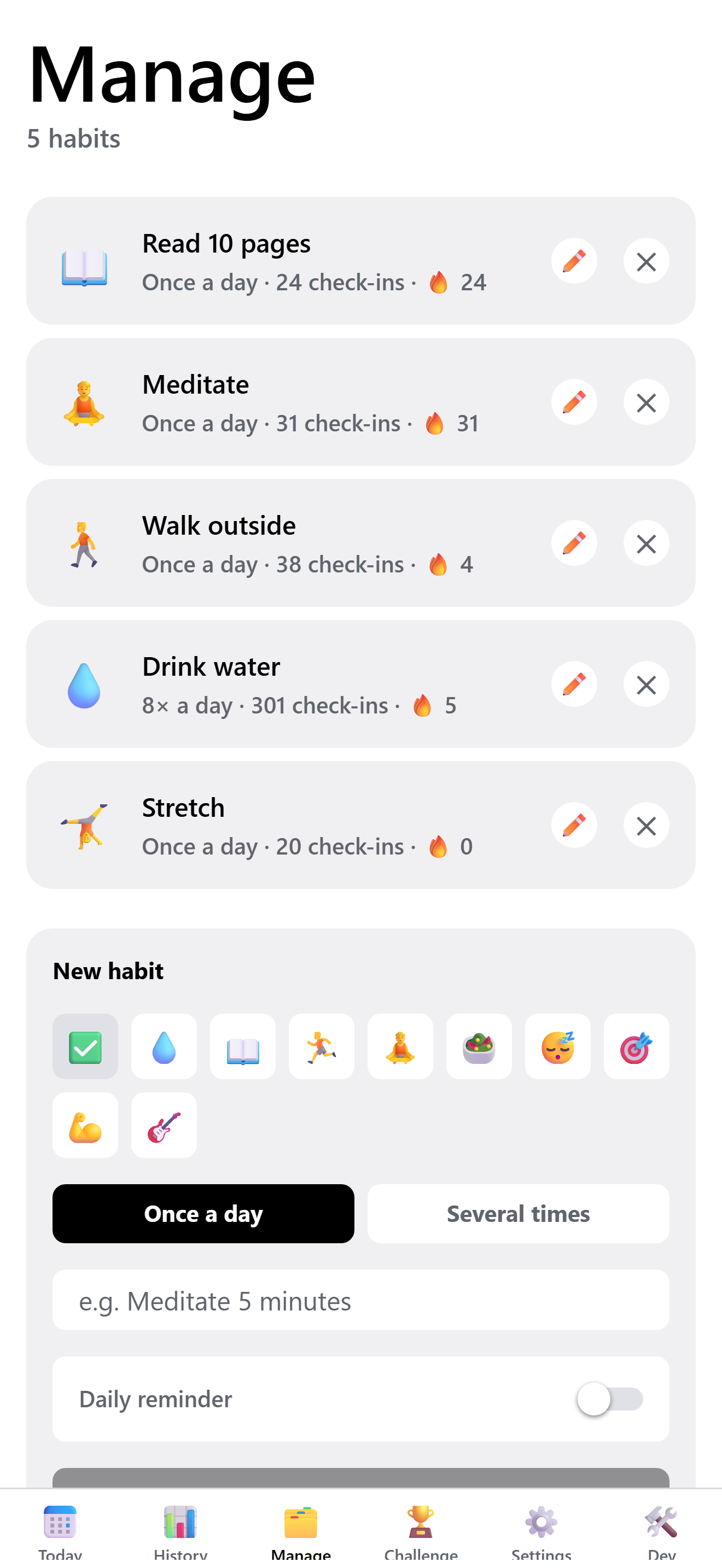 Manage habits screen
