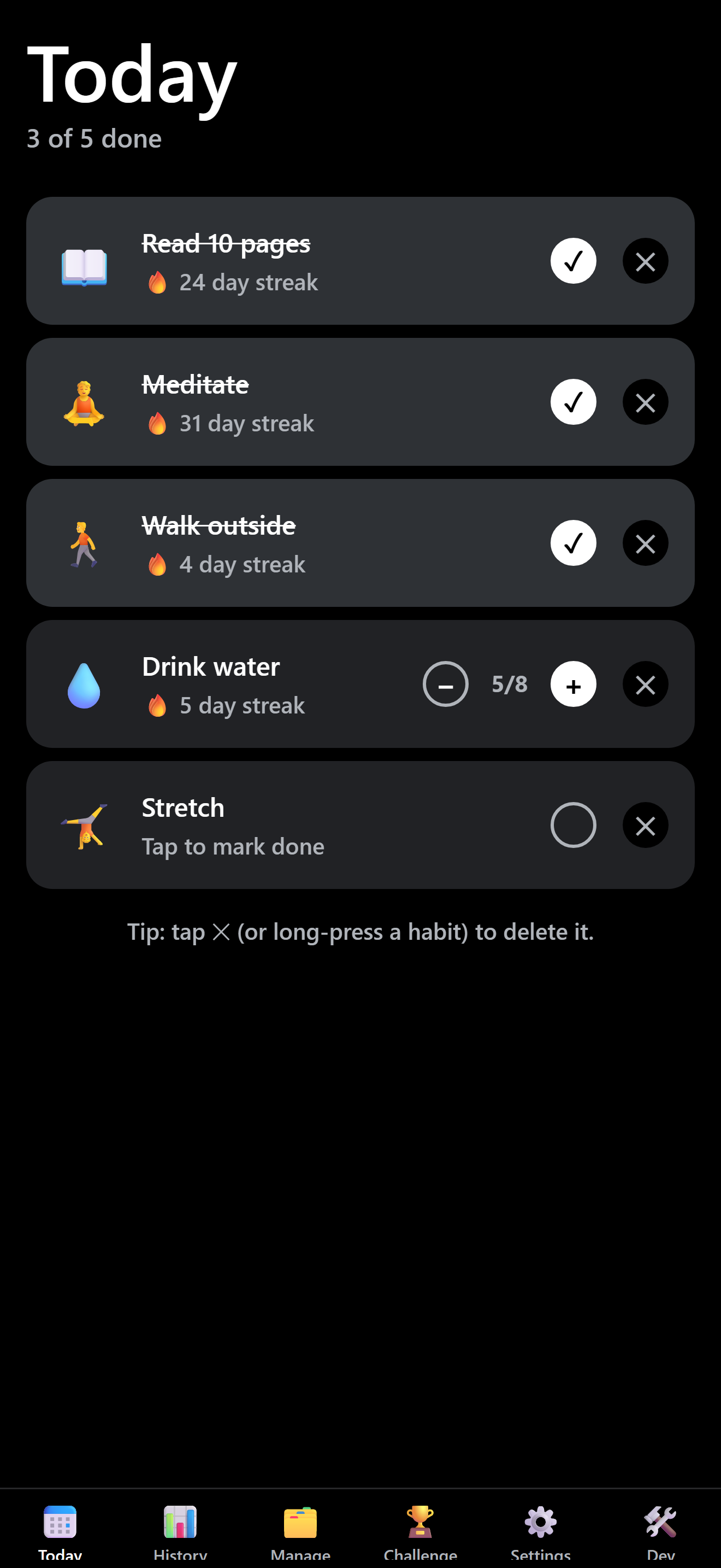 Today screen in dark mode