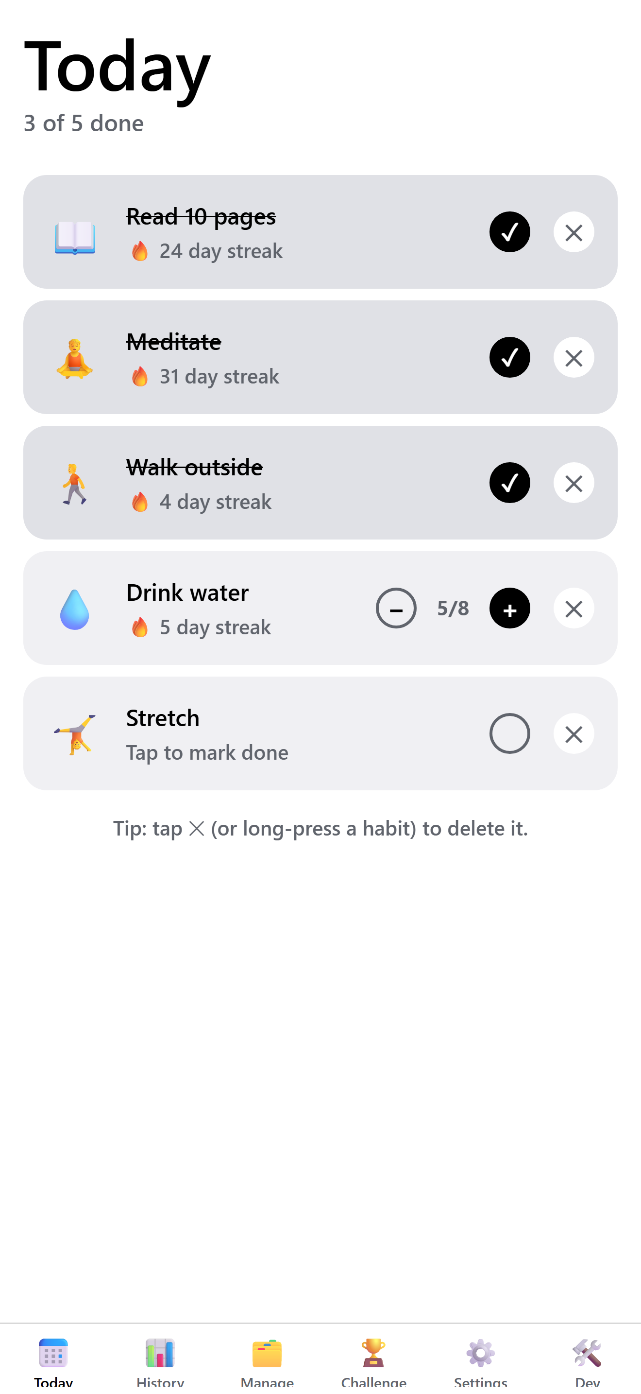 Today screen with daily habit check-ins and streaks